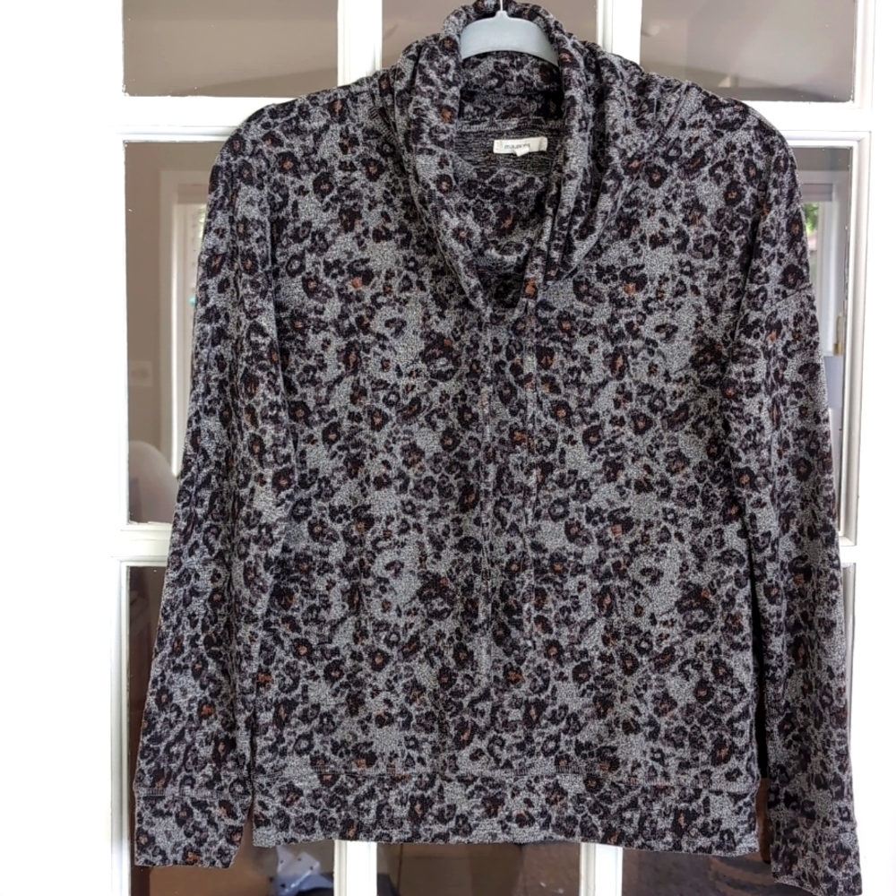 Women's XS Maurices Leopard Print Gray Brown Black Cowl Neck Drawstring Pullover
